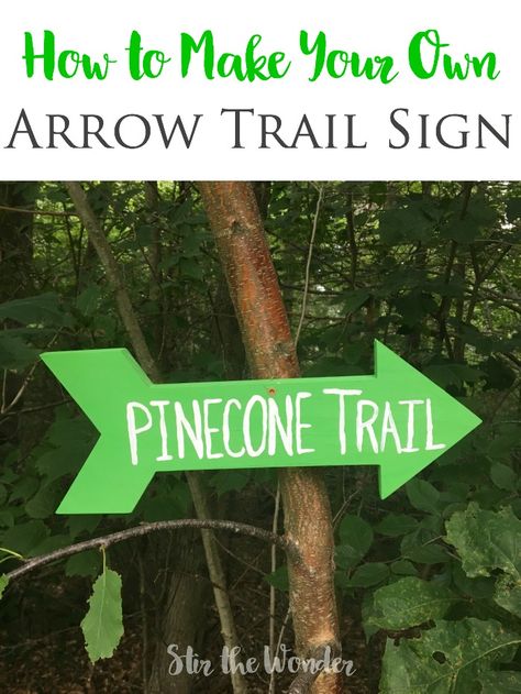 A simple craft for kids to make an arrow trail sign to mark the trails on your property or add some fun and whimsy to your backyard! Nature, Trail Names Ideas, Diy Trail Signs, Trail Signs Diy, Nature Trail Signs, Sensory Trail, Campground Ideas, Creek Ideas, Trail Ideas