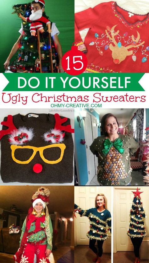 Natal, Halloween College, Diy Christmas Sweater, Diy Cadeau Noel, Ugly Sweater Diy, Diy Ugly Christmas Sweater, Tacky Christmas Sweater, Hallowen Ideas, Diy Deco Noel
