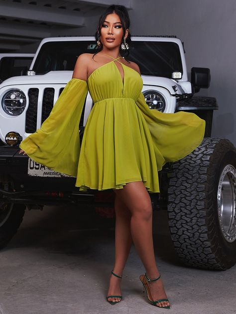 Olive Green Sexy  Long Sleeve Polyester Plain A Line Embellished Non-Stretch Summer Women Dresses Olive Green Outfit, Sorority Recruitment Outfits, Perfect Spring Outfit, Elegant Casual Dress, Olive Green Dress, Derby Dress, Plus Size Party Dresses, Olive Green Dresses, Flounce Sleeve