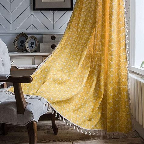 Cotton Curtain for Window Bedroom, Living Room , Curtain with Stainless Steel Rings, 1 Piece Curtain Pack ( Window -5 feet x 4 feet Yellow Star ) Curtains With Tassels, Cortinas Boho, Room Yellow, Pocket Window, Linen Curtain Panels, Bohemian Curtains, Yellow Curtains, Darkening Curtains, Tassel Curtains