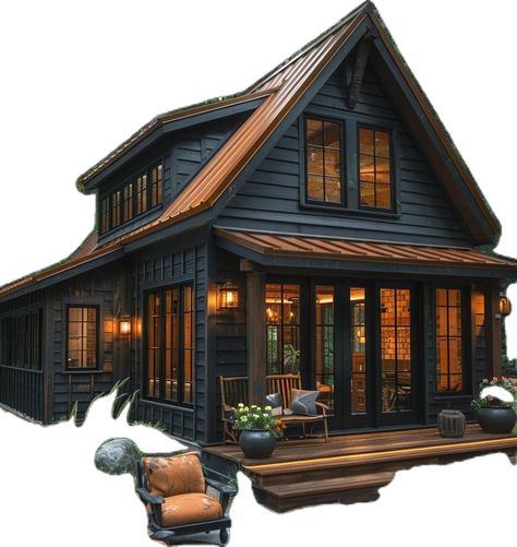 Unique Cabins Ideas, Chalet Home Decor, Small Wood Cabin Exterior, Build Small House, Modern But Cozy House, Lodge In The Woods, Small Rustic Modern House, Lakehouse Barndominium, Mountain House Plans Small