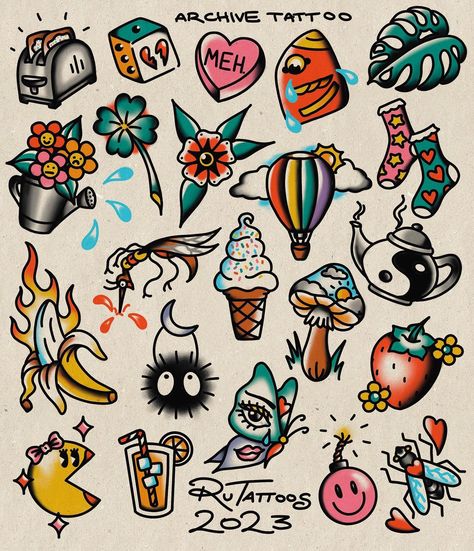 Some lil guys for those of you on a holiday budget/with silly little spots to fill! Please read below for details ☀️💖🎲🍀🍦🍄☯️🍌 * Pick any 2… | Instagram Girly Flash Art, Small Traditional Flash Tattoo, 90s Style Tattoo Ideas, Retro Aesthetic Tattoo, Green Traditional Tattoo, Alice In Wonderland Tattoo Traditional, Girly American Traditional Tattoos, Simple Flash Art, Horseshoe Tattoo American Traditional