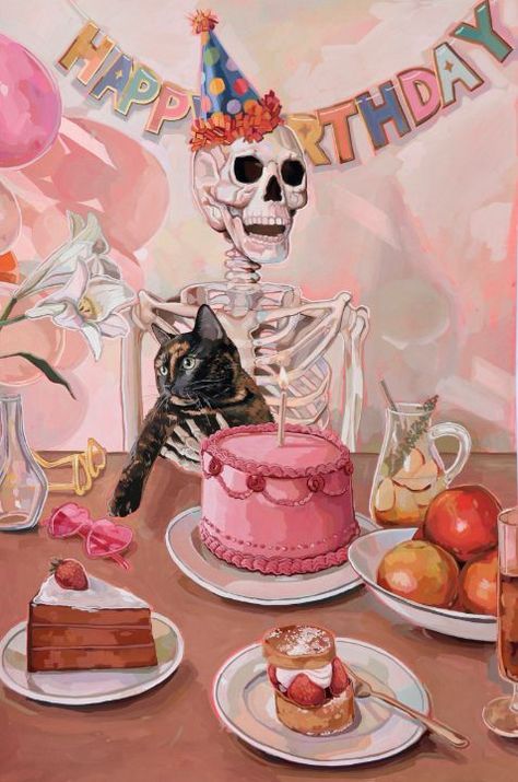 Painting Skeleton, Happy Birthday Illustration, Birthday Painting, Birthday Illustration, Animals And Birds, Desert Sunset, Arte Inspo, Cats Kittens, Happy B Day