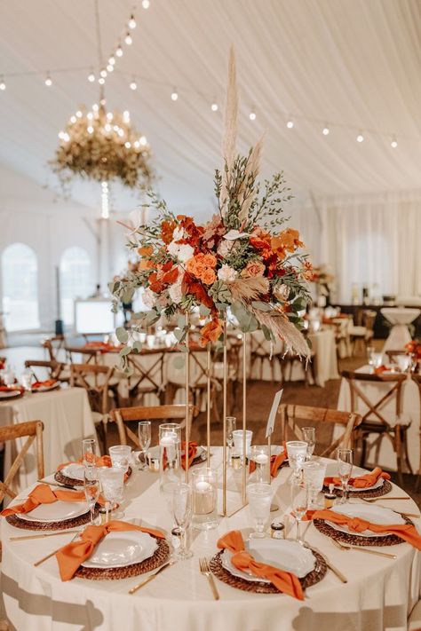 Tall centerpieces are some of our favorite pieces to design, especially when they feature bold colors & fun textures! Orange Wedding Centerpieces, Orange Wedding Decorations, Orange Wedding Themes, Fall Wedding Color Schemes, Rusting Wedding, Fall Wedding Tables, Burnt Orange Weddings, Autumn Wedding Reception, Wedding Themes Fall