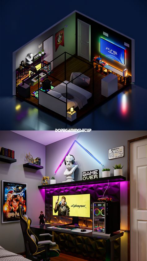 This RGB bedroom designed for @henry_j__ with some Harry Potter accessories in a budget of 1.8K USD Size of room : 5x4 meters Gamer And Office Room, Game Room Ideas Aesthetic, Basement Gaming Setup, Video Game Set Up In Bedroom, Cool Gaming Bedroom Ideas, Game Room Layout Floor Plans, Mens Bedroom Accessories, Mens Gaming Room Ideas, Gray Gaming Room