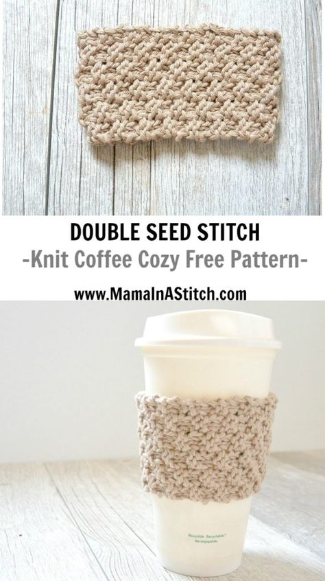 Double Seed Stitch Knit Coffee Cozy – Mama In A Stitch Amigurumi Patterns, Knit Coffee Cozy Pattern, Cup Sleeve Pattern, Knitted Coffee Sleeve, Knit Cup Cozy, Knit Coffee Cozy, Double Seed Stitch, Coffee Cozy Pattern, Knitting Diy