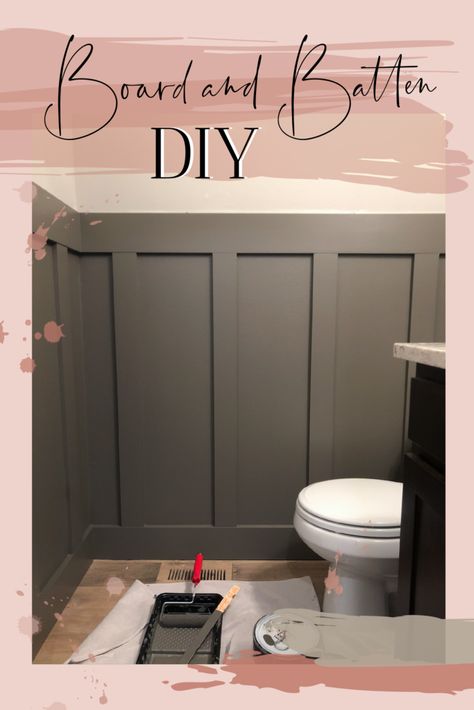 Gray board and batten DIY in bathroom. Full board and batten tutorial in my powder room! Powder Room Board And Batten Diy, Power Room Wainscoting, Small Powder Room Ideas Modern Board And Batten, Diy Batten Board Wall Bathroom, Small Bathrooms With Board And Batten, Dark Colored Board And Batten, Gray Board And Batten Bathroom, Powder Bathroom Board And Batten, Batten Board In Bathroom