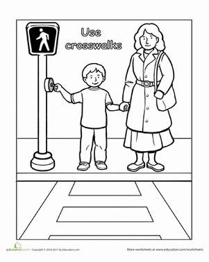 Traffic Safety: Use Crosswalks | Worksheet | Education.com Stop Look Listen Road Safety, Street Safety Worksheets, Crossing The Street Safety Activities, Pedestrian Safety Activities, Safety Worksheets, Teaching Safety, Street Safety, Bus Safety, Pedestrian Safety