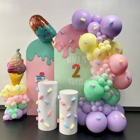 Ice Cream Celebration, Ice Cream Theme Birthday Decoration, Two Sweet Picture Ideas, Ice Cream Party Decorations Cute Ideas, Ice Cream Themed Balloon Garland, Ice Cream Birthday Theme Decorations, Two Sweet Party 2nd Birthday Backdrop, Candy Balloon Decorations, Ice Cream Theme Birthday Party Backdrop