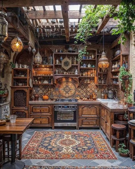 Boho Al Fresco: Open-Top Wooden Kitchen Oasis with Plants and Lights Fantasy House, Dream House Rooms, Boho Kitchen, Dream House Interior, Wooden Kitchen, Boho Chic Decor, More Ideas, Dream House Decor, Bohemian Home