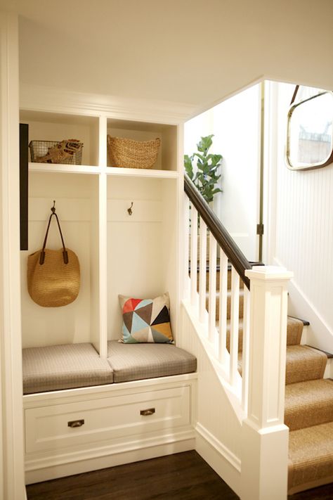 Entry Benches, Built In Lockers, Mudroom Entryway, Under The Stairs, Mudroom Design, Basement Stairs, Stair Case, Basement Design Ideas, Decoracion Living