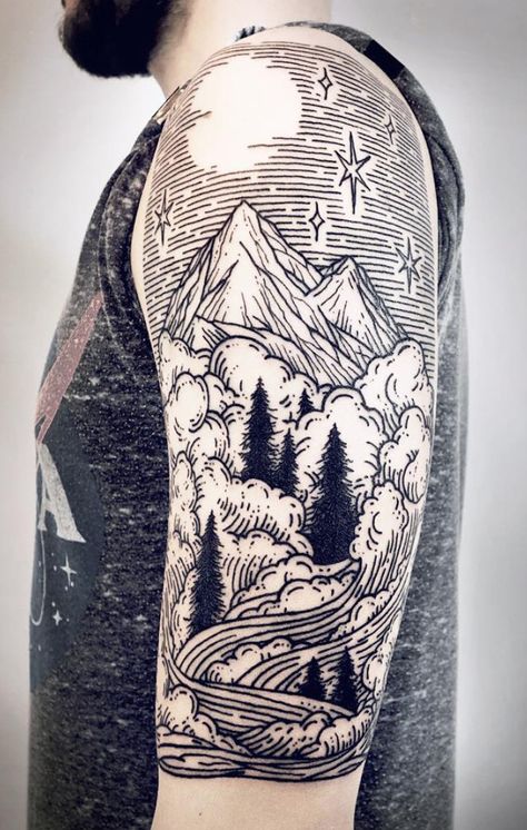 Linework landscape tattoos Lisa Orth Tattoo Earth, Tatoo Ring, Landscape Tattoos, Natur Tattoo Arm, Woodcut Tattoo, Catrina Tattoo, Landscape Tattoo, Line Work Tattoo, Mountain Tattoo