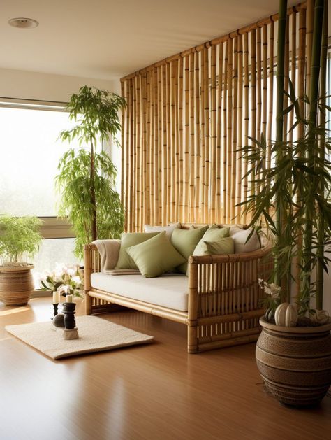 Bamboo Style Bedroom, Bamboo Style Living Room, Bamboo Hotel Design, Bamboo Seating Ideas, Tropical Resort Decor, Tropic Interior Design, Bamboo Room Design, Bamboo Partition Interior Design, Bamboo Office Design