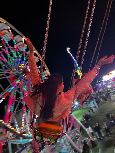 neon lights, carnival swing Fair Pics Ideas, Ferris Wheel Pictures Ideas, Pictures To Take At The Fair, Six Flags Photo Ideas, Swing Ride Aesthetic, Preppy Amusement Park, Amusement Park Pose Ideas, Fair Pictures Aesthetic, Theme Park Picture Ideas