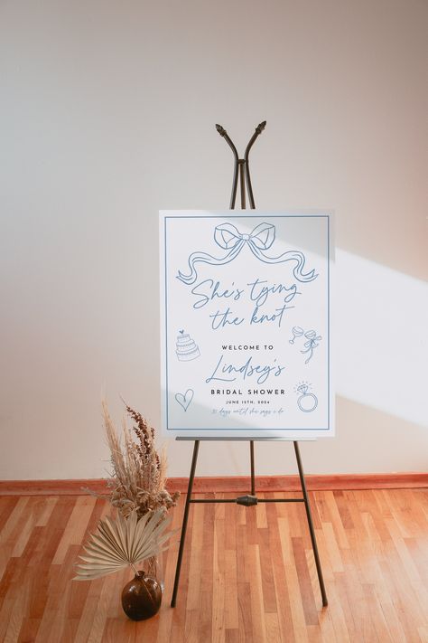 She's Tying The Knot Bridal Shower Welcome Sign, Blue Bow, Blue and White, Hand Drawn, Whimsical, Editable Printable, Coquette by TheTinyOwlCo on Etsy Hand Drawn, Shower Welcome Sign, Bridal Shower Welcome Sign, Tying The Knot, White Hand, Blue Bow, The Knot, Welcome Sign, Bridal Shower