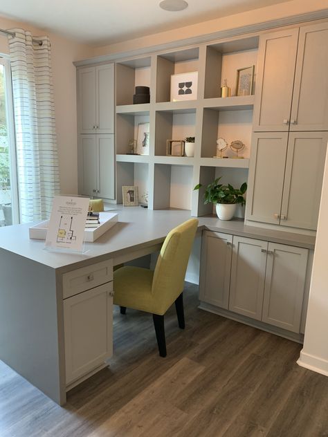 10 X 10 Office Ideas, Built In L Desk And Shelves, 8 X 12 Office Layout, Varidesk Home Office, Home Office Built Ins With Desk L Shaped, Home Office With 2 Desks Work Spaces, Home Office Built Ins With Peninsula Desk, Small Office With Built Ins, Office Sewing Room Combo