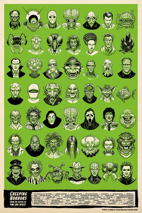 creeping-horrors-from-the-depths-of-time-and-space-poster-art-by-tim-odland Classic Horror Movie Characters, Horror Movie Tattoos Ideas, Horror Movie Tattoos, Arte Occulta, Film Horror, Movie Tattoos, Horror Artwork, Horror Decor, Retro Horror