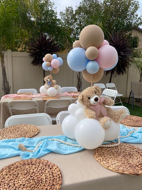 He Or She Bear Theme, I Can Barely Wait Decor, Pink And Blue Bear Gender Reveal, Teddy Bear Reveal Party, White And Beige Gender Reveal, We Can’t Bearly Wait Theme, Teddy Bear Centerpieces Gender Reveal, Gender Reveal Theme Neutral, Cute And Simple Gender Reveal Ideas