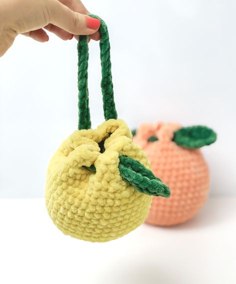 Crochet Peach Pouch Pattern, Crochet Orange Fruit Bag Free Pattern, Orange Crochet Bag Pattern, Peach Pouch Crochet, Crochet Fruit Purse Free Pattern, Free Beginner Crochet Animal Patterns, Crochet Peaches And Cream Free Pattern, Lemon Pouch Crochet, Animal Bag Crochet Pattern Free