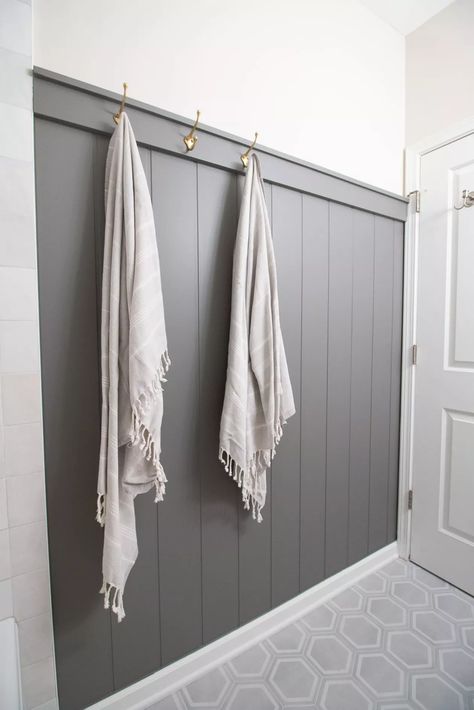 Gray And Gold Bathroom, Beadboard Bathroom, Bathroom Accent Wall, Shiplap Bathroom, Home Decor Bathroom, Hall Bathroom, Gold Bathroom, Boys Bathroom, Small Bathroom Ideas