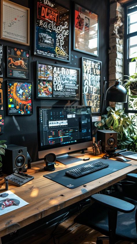 Creative Workspace Interior: A cozy and artistic workspace featuring a computer setup surrounded by vibrant framed artwork and plants. #workspace #interior #design #computer #desk #artwork #frames #plants #aiart #aiphoto #stockcake https://ayr.app/l/BgMe Wall Setup Ideas, Industrial Pc Setup, Office For Creatives, Workspace At Home Ideas, Cool Home Office Space, Creative Desk Setup, Dark Computer Room, Creative Studio Space Offices, Dark Study Room