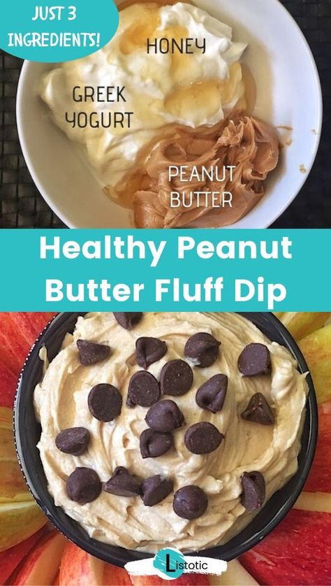 Healthy peanut butter fluff dip made with three simple ingredients. Perfect snack for anybody looking to eat healthier! Tasty dip that can be made with three delicious ingredients, and topped with chocolate chips, peanut butter chips, or even Heath pieces. Make this super light and fluffy dip with just Greek yogurt, peanut butter, and honey. The perfect appetizer for a party, or just for snacking at home with your family! Click on the pin to see the full recipe on Listotic! #food #recipe Peanut Butter Fluff Dip, Greek Yogurt Peanut Butter, Peanut Butter Fluff, Fluff Dip, Greek Yogurt Dessert, Health Dessert Recipes, Yogurt Peanut Butter, Party Food Easy Appetizers, Greek Yogurt And Peanut Butter