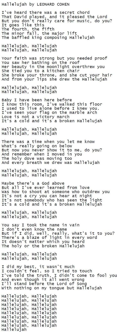 Hallelujah by LEONARD COHEN Hallelujah Lyrics Tattoo, Hallelujah Lyrics Leonard Cohen, Hallelujah Leonard Cohen, Leonard Cohen Poetry, Hallelujah Song, Happy Songs Playlist, Hallelujah Lyrics, Leonard Cohen Lyrics, Pumpkin Poem