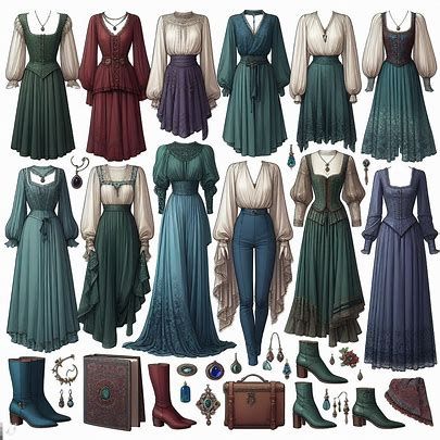 A Rennaissance inspired capsule wardrobe including blouses with shoulder emphasis, flowy bootcut pants, mermaid skirts, and draped dresses in deep and cool greens, blues, purples, and reds. materials include silk, velvet, and cashmere. boots and jewelry - Image Creator from Microsoft Designer Mermaid Style Outfit, Casual Fairytale Outfit, Skirt Capsule Wardrobe, Blue And Green Outfit, Mermaid Skirts, Draped Dresses, Best Costume Design, Fair Outfits, Clothing Design Sketches