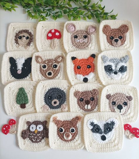Woodland Mods — Baby Crochet Designs Crocet Baby Blanket, Nature Themed Granny Squares, Crochet Animal Squares Blanket, Woodland Animal Crochet Blanket, Raccoon Granny Square, Baby Crochet Granny Square Blanket, Animal Granny Square Crochet, Crochet Baby Blanket Free Pattern Boy Granny Squares, Crochet Woodland Baby Blanket
