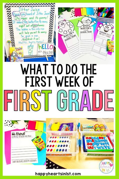 Back to school activities and ideas for making planning the first week easier! Includes ideas for first week read alouds name building stations math centers writing activities and free no prep writing crafts from Happy Hearts in 1st First Grade Class Schedule, Beginning Of Year Math Activities 1st Grade, 1st Grade Journal Ideas, Grade 1 Beginning Of The Year Activities, Grade 1 Beginning Of The Year, Grade 1 Schedule, First Day Of Grade 1 Activities, Back To School Craft 1st Grade, Back To School Grade 1 Activities