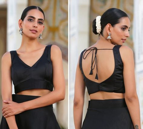 Back V Blouse Designs, Blouse Designs Latest Front Side, Sleeves Less Blouse Design, Black Plain Blouse Designs, Blouse Shapes Patterns, Back Said Blouse Design, Sleeveless Back Blouse Designs, Sleeveless Black Blouse Designs, Black Silk Blouse Designs