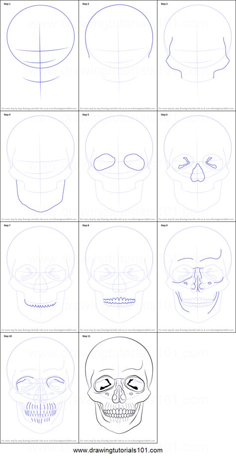 How to Draw a Skull printable step by step drawing sheet : DrawingTutorials101.com Skull Drawings Step By Step, Step By Step Drawing Tattoo, How To Draw A Human Skull, How To Draw A Realistic Skull, Skull Art Step By Step, Drawing A Skull Step By Step, How To Sketch A Skull, Skull Drawing How To, Skull How To Draw