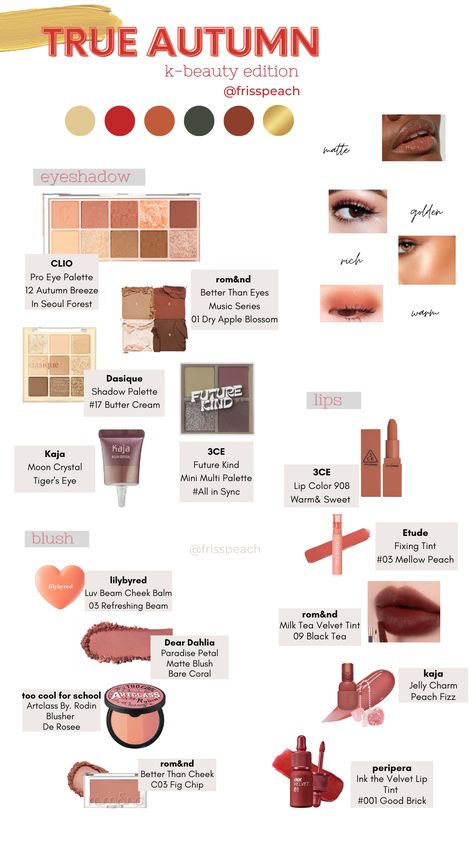 Makeup For Warm Autumn Skin Tones, Make Up For Autumn Skin Tone, Autumn Skin Tone Makeup, Make Up For Autumn Type, Autumn Make Up Natural, Makeup For Autumn Skin Color Palettes, True Autumn Eye Makeup, Makeup For Autumn Type, Soft Autumn Outfits Korean