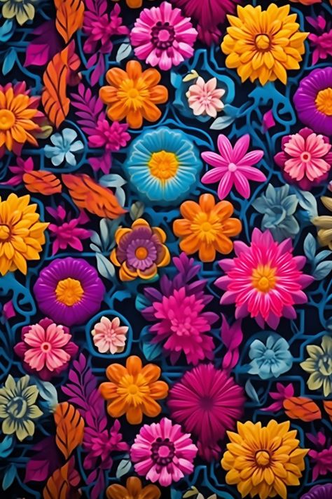 Bright Mexican Flowers, Mexico Art Wallpaper, Folklorico Wallpaper, Mexican Flowers Wallpaper, Mexico Flowers Art, Mexican Flower Art, Hispanic Flower, Mexican Background Wallpapers, Mexican Flowers Art