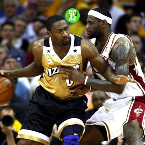 Gilbert Arenas and LeBron James. Nba Players, Basketball, Lebron James, Gilbert Arenas, Nba Stars, Tag Someone, Nba, Sumo Wrestling, Baseball Cards