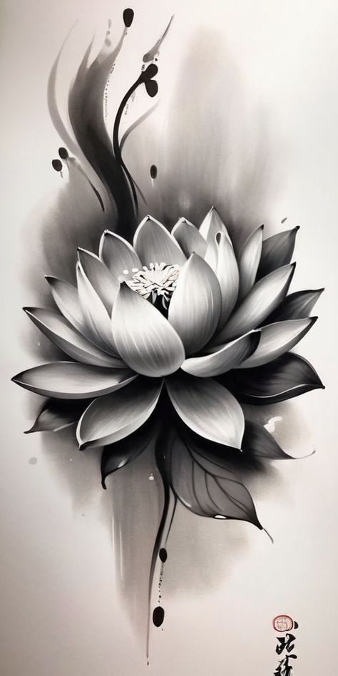 Black Lotus Drawing, Lotus On Back Tattoo, Lotus Flower Tattoo Black And Grey, Water Lilies Tattoo Design, Black And White Lotus Flower Tattoo, Classy Shoulder Tattoos For Women, Magnolia Flower Tattoo Designs, Lotus Cover Up Tattoo For Women, Detailed Lotus Flower Tattoo