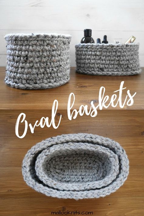 How to make your own crochet oval baskets - free pattern Crochet Oval Basket Pattern, Chunky Yarn Crochet Basket Free Pattern, Oval Basket Decor Ideas, Free Crochet Baskets Patterns, Oval Crochet Basket Pattern Free, Crochet Oval Basket, Free Crochet Basket Patterns Easy, Oval Baskets, Knitted Basket