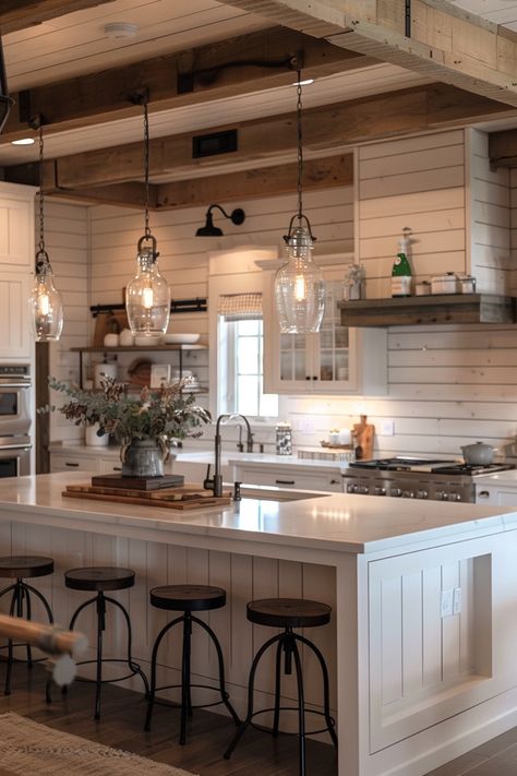 Learn how to add cozy lighting to your kitchen island, enhancing the rustic charm of your farmhouse kitchen. 🌟🍴 Modern Rustic Ranch House Interior Design, Big White House Farmhouse Kitchen, Barndo Kitchen Ideas Farmhouse, Modern Farmhouse Kitchen Inspiration, Rustic Kitchen With Island, Modern Farmhouse Small Kitchen, Southern Kitchen Ideas, Rustic Open Kitchen, Interior Farmhouse Design