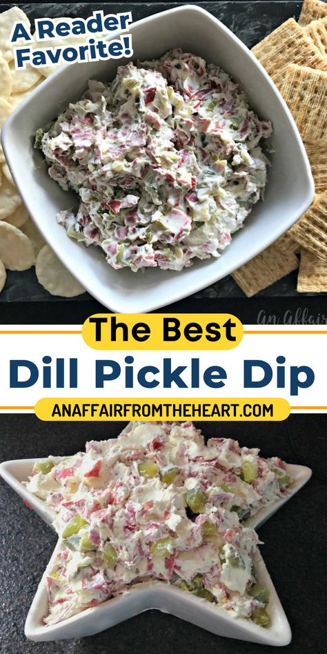 Dill pickle dip in a white, square serving bowl surrounded by crackers. Pickle Wrap Dip, Dill Pickle Dip Recipe, Pickle Dip Recipe, Pickle Wraps, Pepperoni Dip, Dill Pickle Dip, Chips Dip, Pickle Dip, Dried Beef