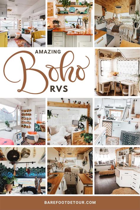 Beautiful Boho RV remodels to inspire your next renovation and make you swoon big time! Bohemian-inspired remodels of fifth wheels, motorhomes, vans and camper trailers. #bohocamper #bohorv #bohorenovation #bohoinspiration #bohovan #bohemianrv #bohemiancamper #bohemiantrailer Motorhome Renovation Ideas, Rv Interior Remodel Rv Makeover, Boho Camper Interior Bohemian Style, Colorful Camper Interior, Boho Camper Remodel, Boho Camper Van, Boho Remodel, Camper Van Interior Ideas, Van Interior Ideas