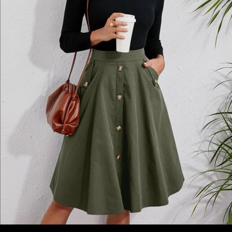 Solid Single Breasted Flare Skirt Ships In 7-10 Business Days~All Purchases Shipped With A Special Gift Season: Spring, Summer, Fall Material: 100% Polyester Pattern Type: Plain Type: Flared Details: Button, Pocket Fabric-Non Stretch Size Tags Are In Letters Xs-(2) S-(4) M-(6) L-(8/10) Xl-(12) Do You Love? Anthro Festival Preppy Casual Mumu Revolve Spell Reformation Puff Popular Swim Contemporary Layering Free People Cami Dress Top Events Lulu Vacation Beach Contemporary Anniversary Boat Weekend Professional Outfits, Business Casual Outfits, Academia Outfits, Business Casual Outfits For Work, Business Formal Dress, Business Casual Dresses, Professional Dresses, Green Button, Green Skirt