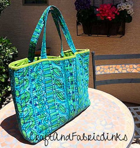 This is a fabulous beginner's project. No zippers or buttons. Learn straight stitching, top stitching and binding trim. Tote includes roomy, divided inside Tela, Patchwork, Couture, Double Sided Quilted Fabric, Prequilted Fabric Projects, Pre Quilted Fabric, Tote Bag Pattern Free, Illustrated Instructions, Bag Sewing Pattern