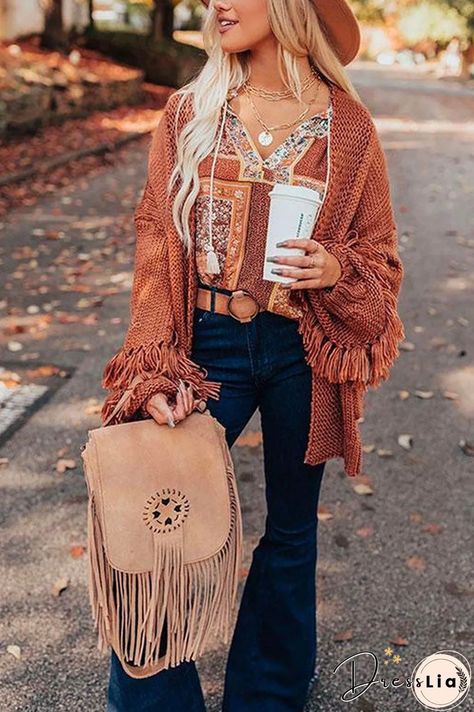 Batwing Sleeve Solid Tassel Sweater Cardigan Country Outfits, Baggy Cardigan, Western Chic Fashion, Tassel Sweater, Boho Chique, Western Style Outfits, Trendy Fashion Outfits, Casual Fall Outfits, Batwing Sleeve