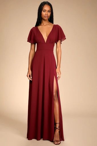 Burgundy Flutter Sleeve Dress, Red Flutter Sleeve Dress, Burgundy Flowy Dress, Elegant Red Dress With Sleeves, Burgundy Dress With Sleeves, Maroon Wedding Guest Dress, Flowy Prom Dresses With Sleeves, Gala Dresses Long Sleeve, Burgandy Bridesmaids Dresses