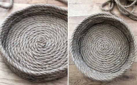 DIY storage basket made from rope. How to make a basket from rope in this simple and easy budget tutorial. DIY home decor. How To Make A Basket, Diy Storage Basket, Diy Rope Basket Tutorials, Rope Basket Tutorial, Storage Baskets Diy, Make A Basket, Twine Diy, Boho Ideas, Rope Bowls