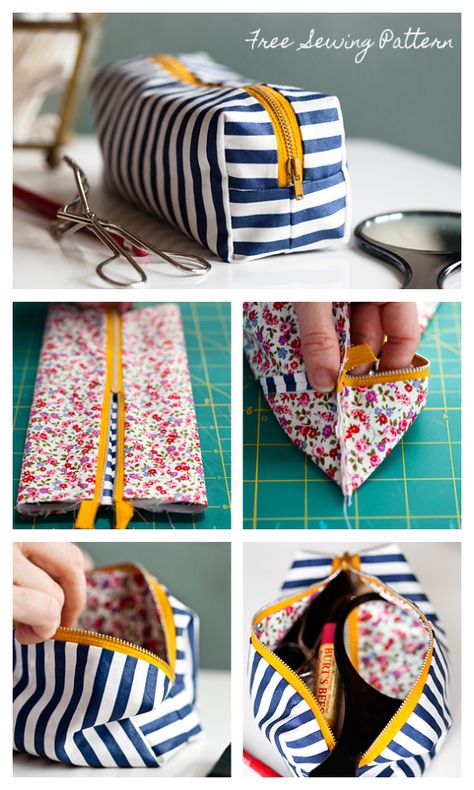 DIY Fabric Boxy Make-up Bag Free Sewing Pattern | Fabric Art DIY Molde, Amigurumi Patterns, Couture, Box Makeup Bag Pattern, Toiletries Bag Sewing Pattern, Easy Makeup Bag, Diy Fabric Pouches, Bag Free Sewing Pattern, Toiletry Bag Pattern