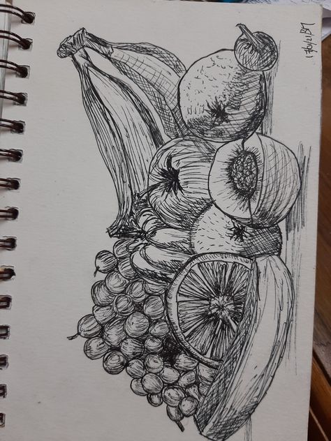 Fruit Ink Drawing, Fruits Sketches Pencil, Fruit Pencil Sketch, Pen Shading Art, Still Life Sketchbook Pages, Fruit With Faces Drawings, Fruit Bowl Sketch, Still Life Ink Drawing, Still Life Objects Drawing