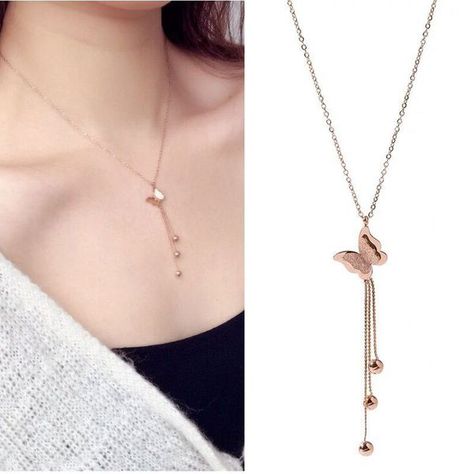 Exquisite Korean fashion titanium steel temperament necklace simple butterfly tassel necklace NHSC194571 Kalung Liontin Simple, Kalung Korean Style, Korean Necklace Simple, Korean Jewelry Necklaces, Aesthetic Necklace Simple, Korean Jewellery, Korean Necklace, Locket Design, Pretty Jewelry Necklaces