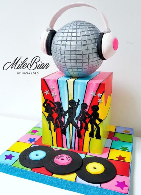 Handpainted Disco Party  by MileBian Dance Party Cake Ideas, Disco Birthday Party Cake, Disco Ball Cake Ideas, Disco Cakes Birthday, Disco Party Cake Ideas, Kids Disco Party Ideas, Disco Kids Party, Disco Cake Ideas, Disco Ball Birthday Cake