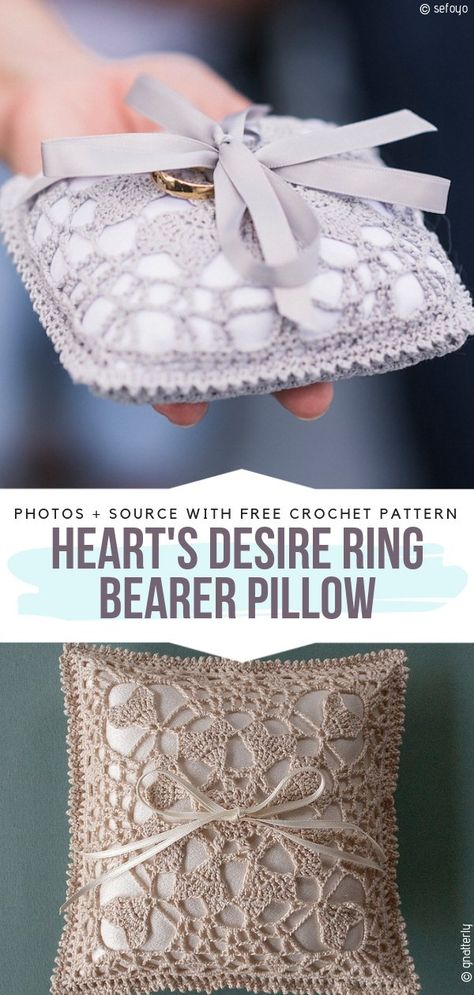 Crochet Ring Bearer Pillow Pattern Free, Amigurumi Patterns, Crochet Wedding Ring Pillow, Crochet Wedding Invitation, Crochet Wedding Pillow, Bridal Crochet Patterns, Ring Bearer Pillow Diy How To Make, Knitted Wedding Decorations, Bridal Shower Crochet Gifts